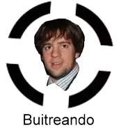 a man 's head is surrounded by black circles and the word buitreando is below it