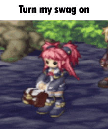 a cartoon girl with pink hair is sitting on the ground with the words turn my swag on above her