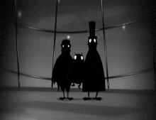 a black and white cartoon of a man and two birds