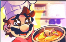a cartoon of mario holding a bowl of soup