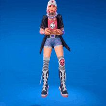 a girl with pink hair is wearing a hat and knee pads