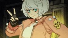 a girl with white hair and blue eyes is giving the peace sign