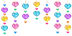 a row of colorful hearts hanging from a string on a white background