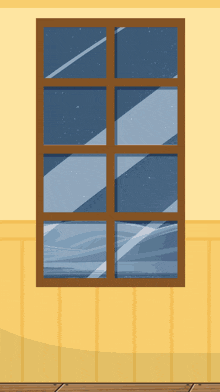 a cartoon illustration of a window with a blue sky outside