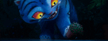 a blue cat with yellow eyes is looking at a flower pot