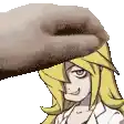 a hand is petting a cartoon character 's head with a white background .