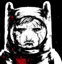 a black and white drawing of finn from adventure time with blood coming out of his mouth