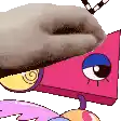 a close up of a cartoon character 's face with a pink nose and eyes .