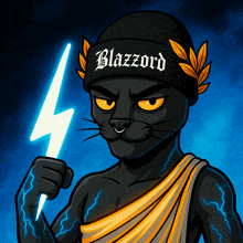 a cartoon of a black cat wearing a black beanie that says blazzard