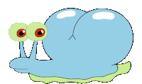 a blue cartoon snail with green eyes and a green tail