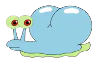 a blue cartoon snail with green eyes and a green tail