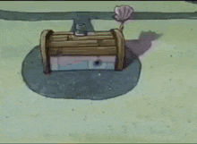 a cartoon of spongebob squarepants standing in front of a wooden house