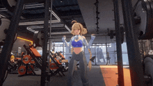 a girl is standing in a gym with a barbell in her hand