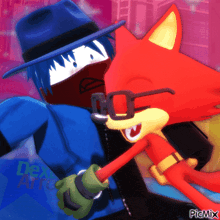 a cartoon drawing of a man and a fox with the word picmix on the bottom