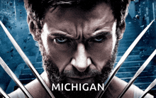 a close up of a man 's face with the word michigan above him