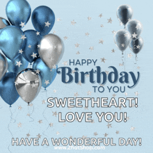 a birthday card with blue and silver balloons that says happy birthday to you sweetheart love you have a wonderful day