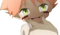 a cartoon character with orange hair and green eyes is being touched by someone 's hand