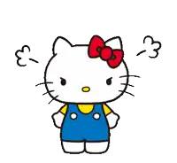 a cartoon illustration of hello kitty with a red bow and overalls .