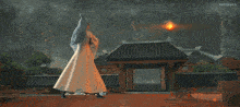 a woman in a white dress is standing in front of a giant ice sculpture with the watermark wbsehuns