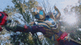 a cartoon character is holding a sword in front of a forest