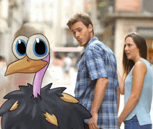 a man and a woman are walking down a street with a cartoon ostrich in the foreground