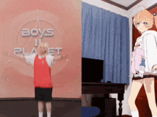a girl in a red shirt is dancing in front of a sign that says boys on planet