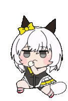 a cartoon girl with white hair and black ears is wearing a black and yellow dress with a bow on her head .
