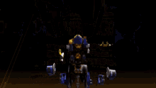 a robot with the letter r on it is flying through the air