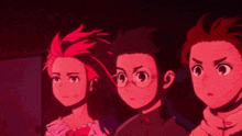 three anime characters are standing next to each other in a red light