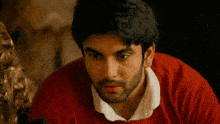 a man with a beard wearing a red sweater and white shirt