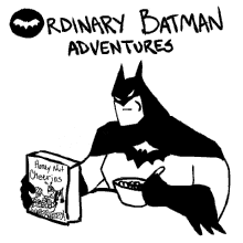 a black and white drawing of batman holding a book that says ordinary batman adventures .