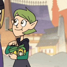 a cartoon girl with green hair is holding a bag of chips .