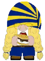 a cartoon character is wearing a blue and yellow hat and eating a hamburger