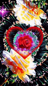 a heart shaped flower with a red rose in the center