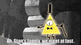 bill cipher from gravity falls is standing in front of a log cabin