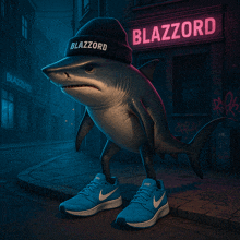 a shark wearing a beanie that says blazzord