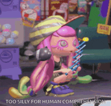 a girl with pink hair and a yellow hat is holding a stick in her mouth .
