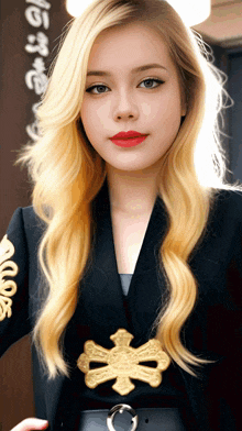 a woman with blonde hair wearing a black jacket