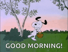 snoopy is carrying a basket in a field and saying `` good morning ! ''
