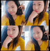 a collage of four pictures of a woman in a yellow shirt