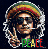 a painting of a man smoking a cigarette and giving a peace sign with the word peace behind him