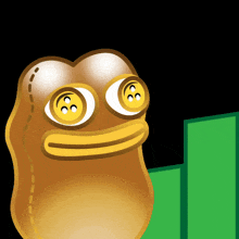 a cartoon frog with buttons on its eyes looks at the camera