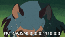 a cartoon character is screaming with the words " no racism !!! " below her