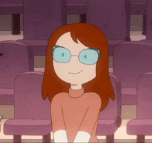 a cartoon girl wearing glasses sits in a row of purple seats