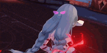 a girl with long blue hair is holding a sword in her hand .