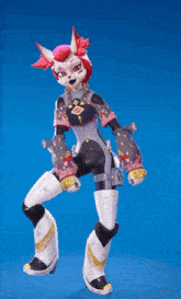 a cartoon character with red hair and white pants is standing on a blue background