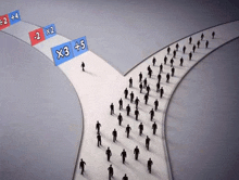 a group of people are walking down a road with x3 and x2 signs on it