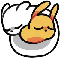 a cartoon drawing of a yellow rabbit sleeping on a white surface