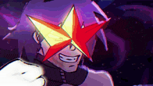 a cartoon drawing of a man with a red star on his eyes