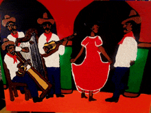 a painting of a woman in a red dress dancing with a group of men playing instruments